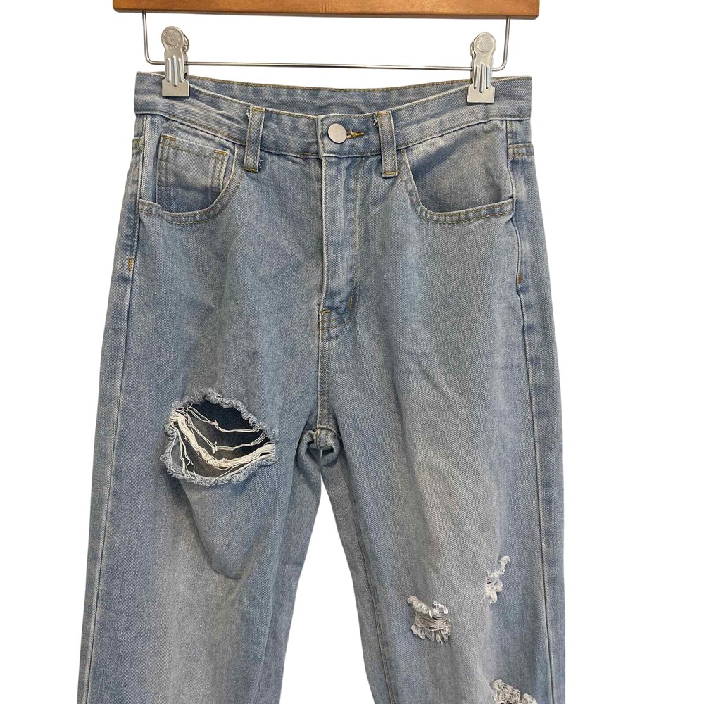 Shein Light Blue Denim Distressed High Rise Straight Leg Jeans‎ Size 2 - Picture 3 of 7